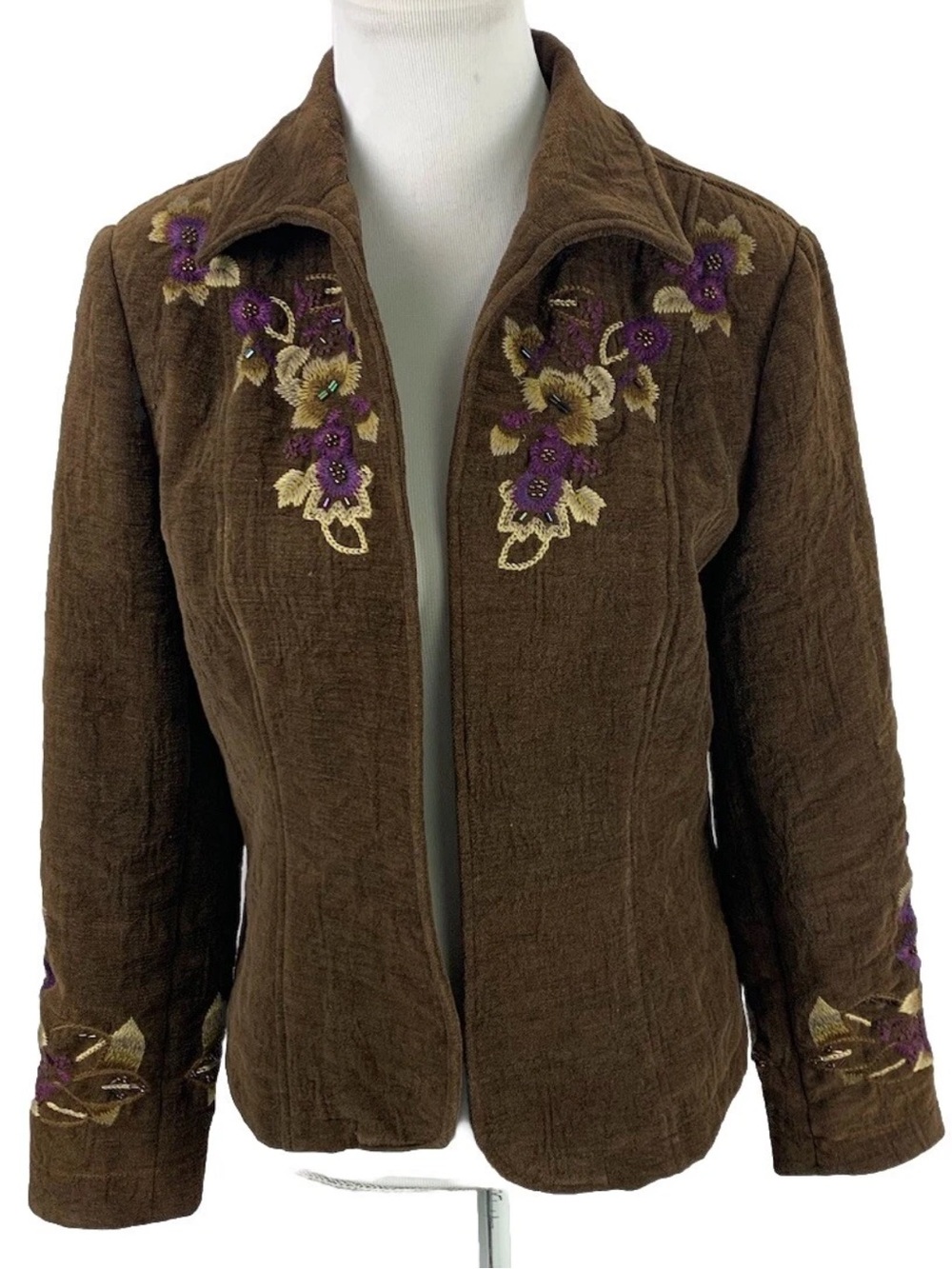 Coldwater Creek brown corduroy Western jacket w/ purple floral embroidery 10 P